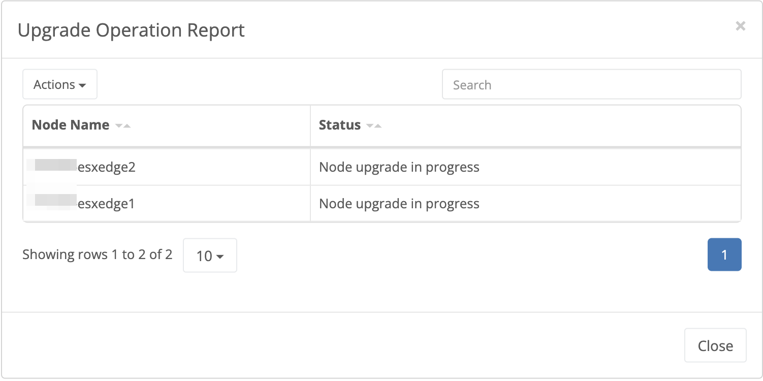 Upgrade Operation Report table showing two nodes were requested to upgrade and both are in progress